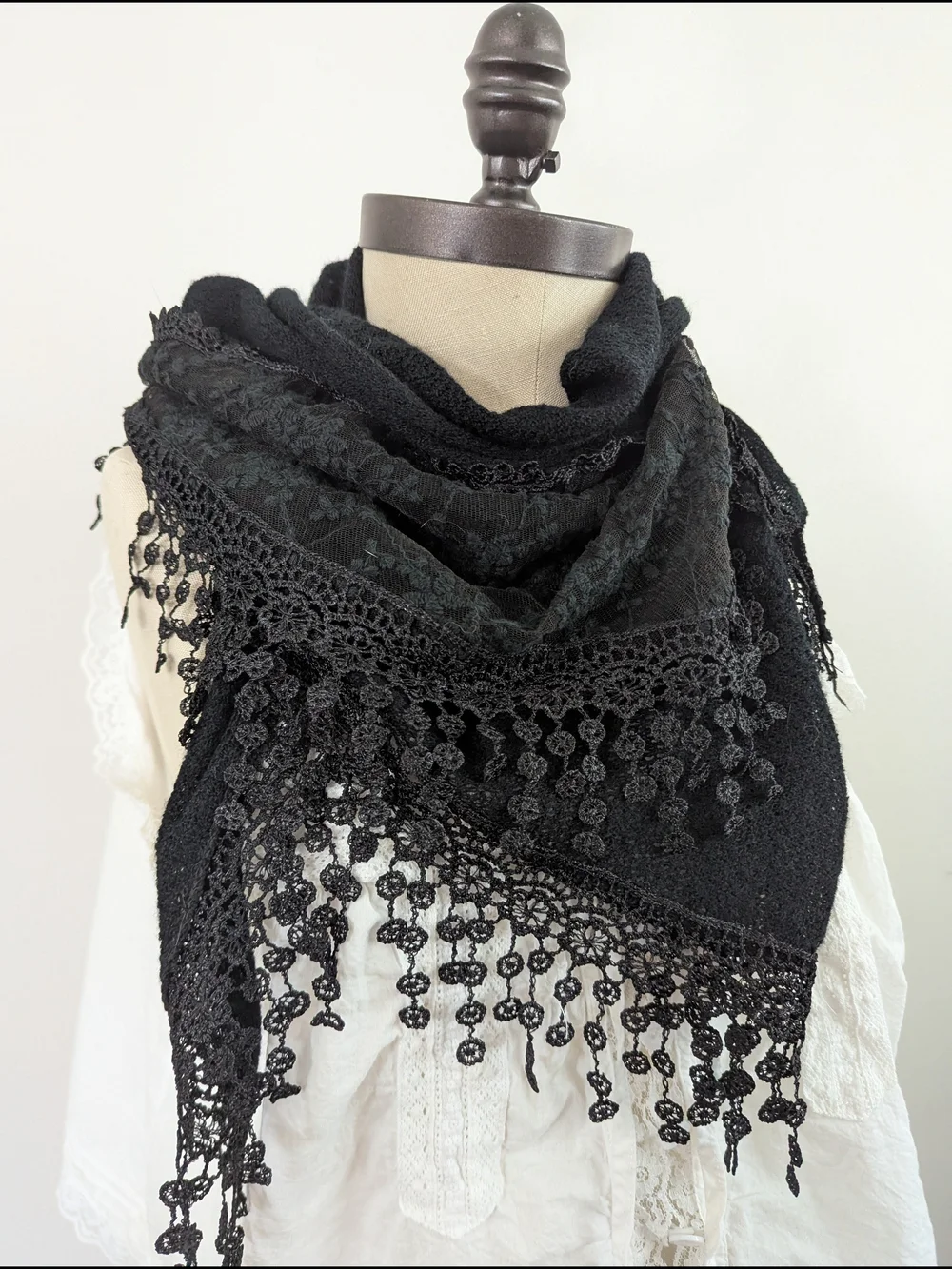 Black Lace Fringe Triangle Wrap Scarf - Women Accessories